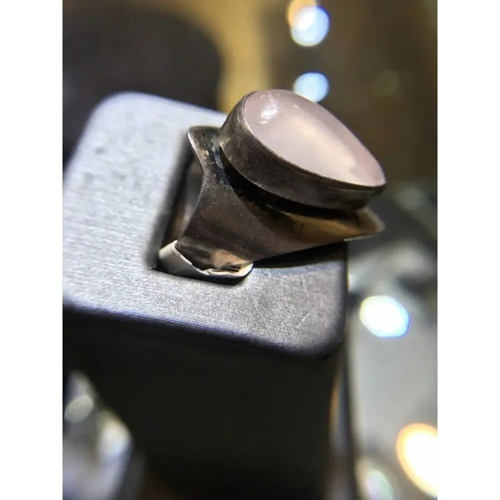 Rose Quartz (Natural) Ring Sz7 Bezel Set Silver 925 Wide Band
